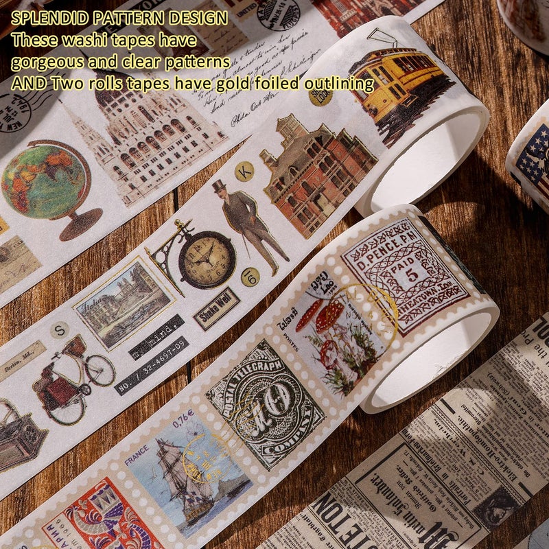 emmoolife 24 Rolls Vintage Washi Tape Set, Antique Car Buildings Map Stamp Stripe Writable Aesthetic Washy Decorative Tapes for Scrapbooking, Junk Journal Supplies, Bullet Journaling 5-75mm Wide (3m Long)/Roll - Image 5